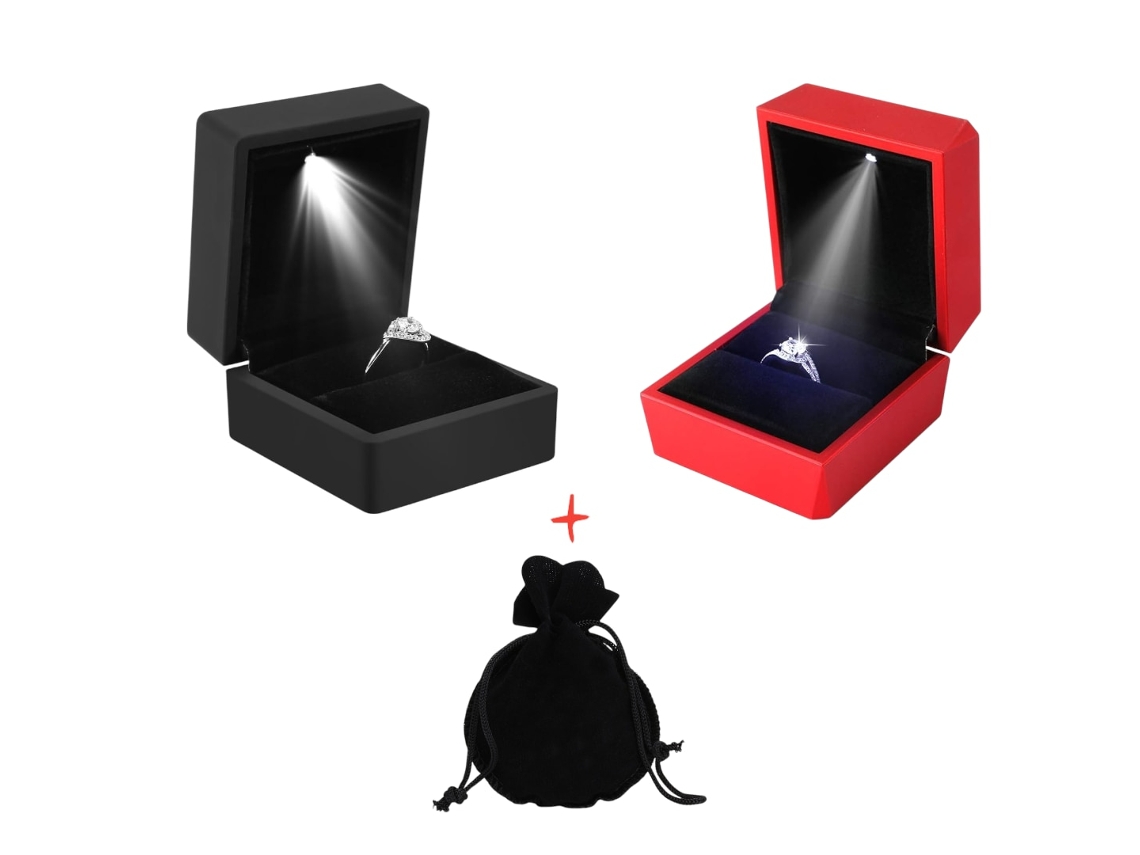 Caixa De Jóias Vermelha + Preto Com Iluminação Led 6 Cm X 6.3 Cm X 5 Cm Para Ocasiões Especiais + Sacola De Carpete Preto
