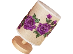 Luminária de mesa portátil USB em tecido Roxo com base em ferro e madeira, baixo consumo de energia, ideal para sala de estar.