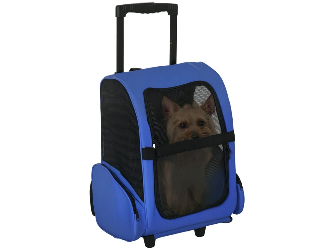 Transportadora 2 em 1 para Pets, Mochila com Carrinho, 2 Rodas, Alça de Alumínio, Bolso, Cães e Gatos (42x25x55cm) Azul | S/MARCA