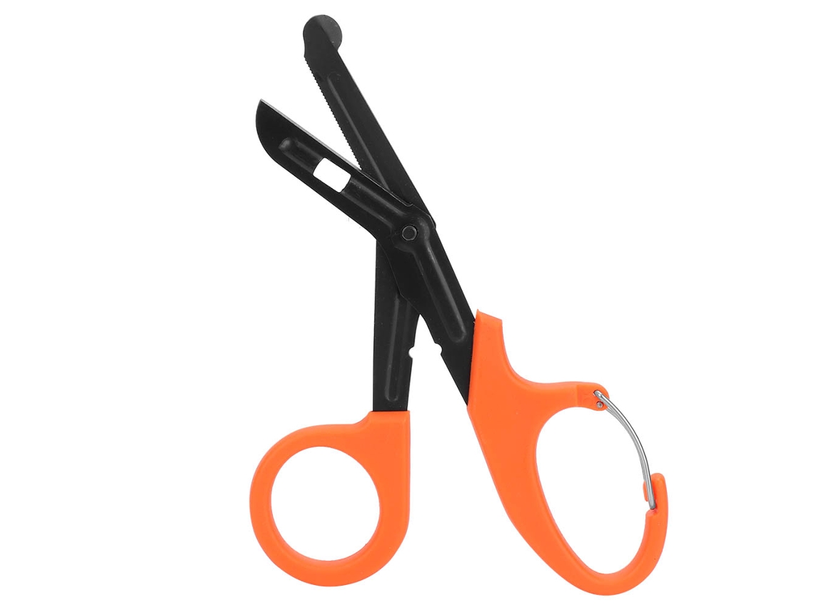 Tesoura de bandagem em aço inoxidável com dentes finos, ferramenta de primeiros socorros de emergência, laranja.