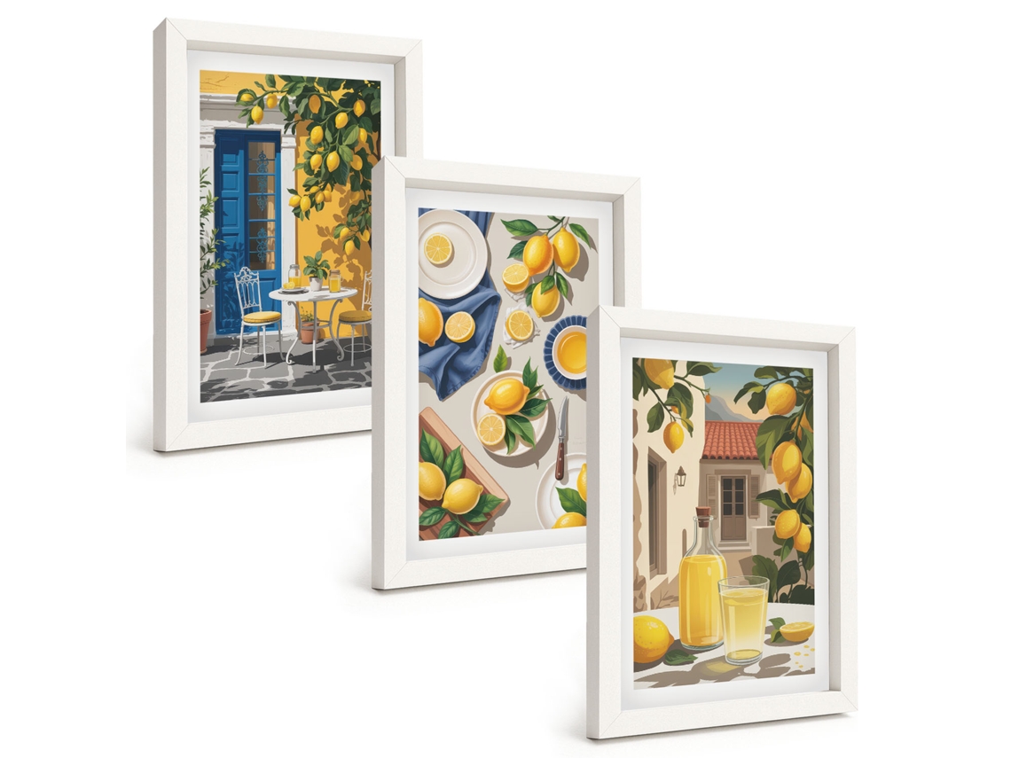 Conjunto De Pinturas Limoeiro Com Bebidas Moldura Branca Imagens Para Um Quarto Infantil Espelharte (3 Peças 20x30 Cm)