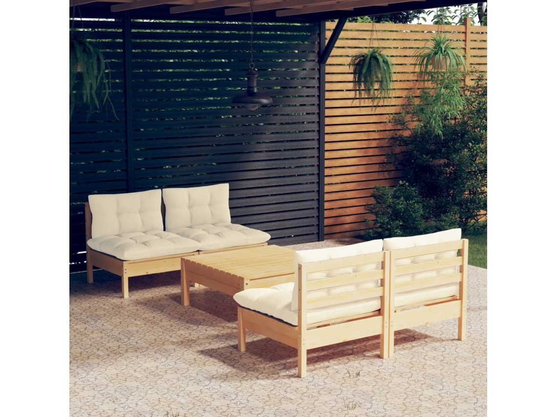Vidaxl 5 Pcs Conjunto Lounge Jardim C/ Almofadões Cor Creme Pinho