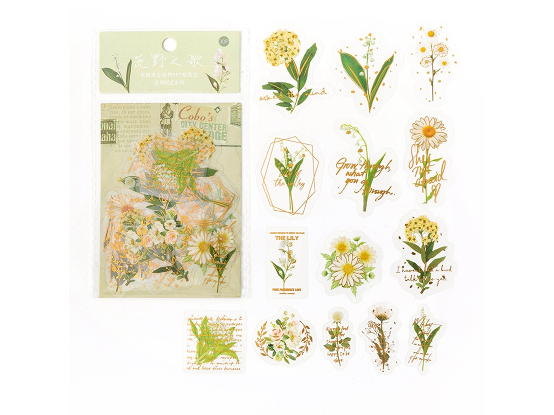 30 Adesivos de Flores Aesthetic Trendy Florais para Diário, Scrapbooking, Decorativos, Papel