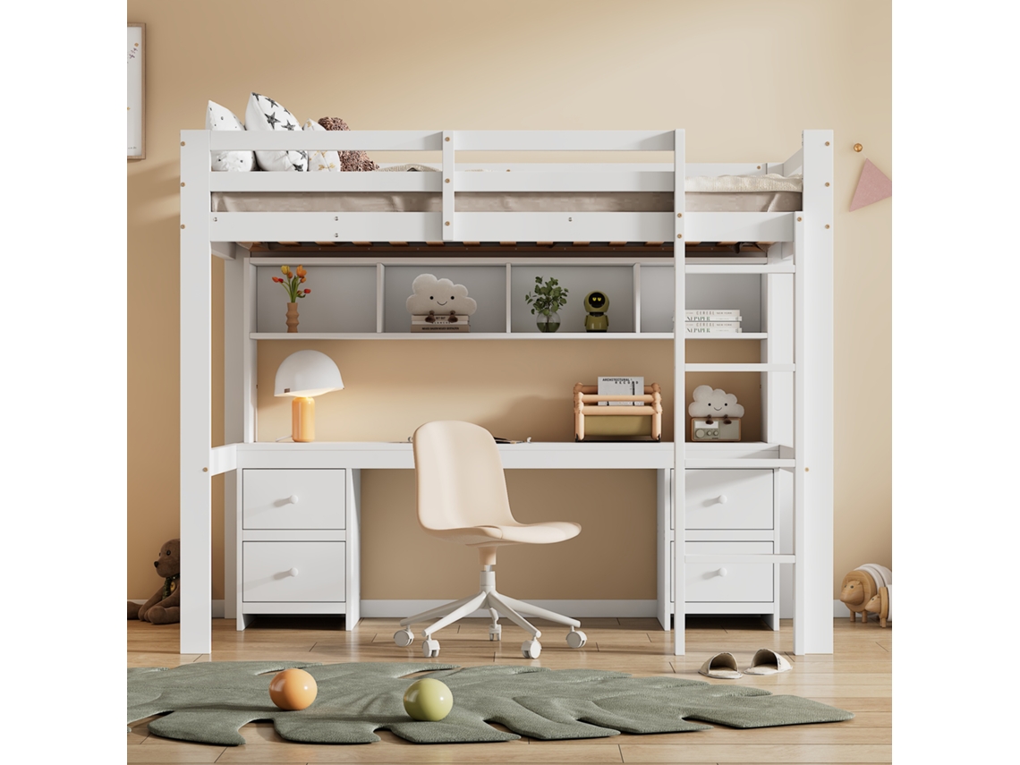 Cama Alta 90x200cm Crianças Mesa Armazenamento Guarda-corpo Escada Branco