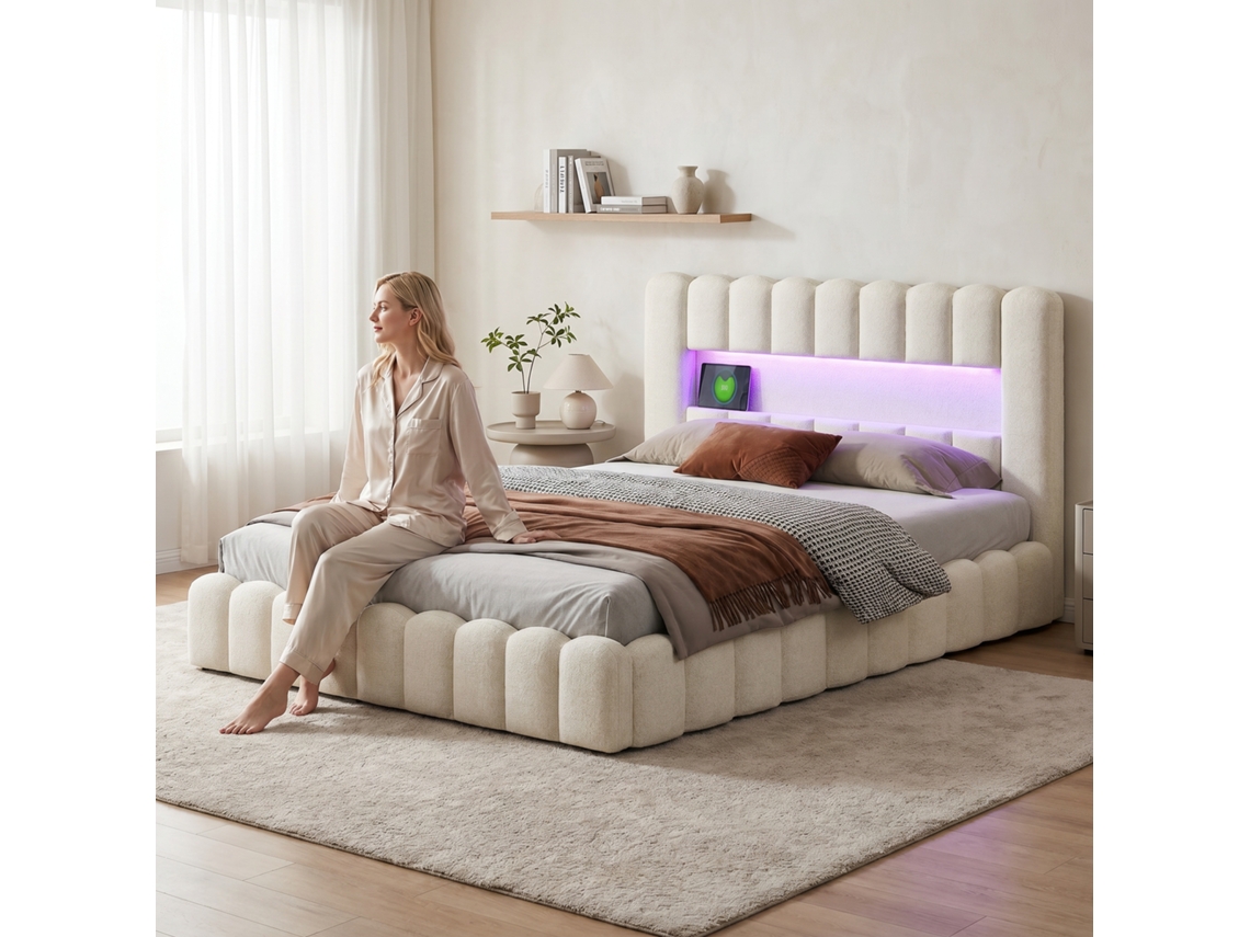 Cama De Casal Com Arrumação 180x200 Cm Estofada Com Led E Usb, Cabeceira Com Arrumação, Tecido Linho Bege, Sem Colchão