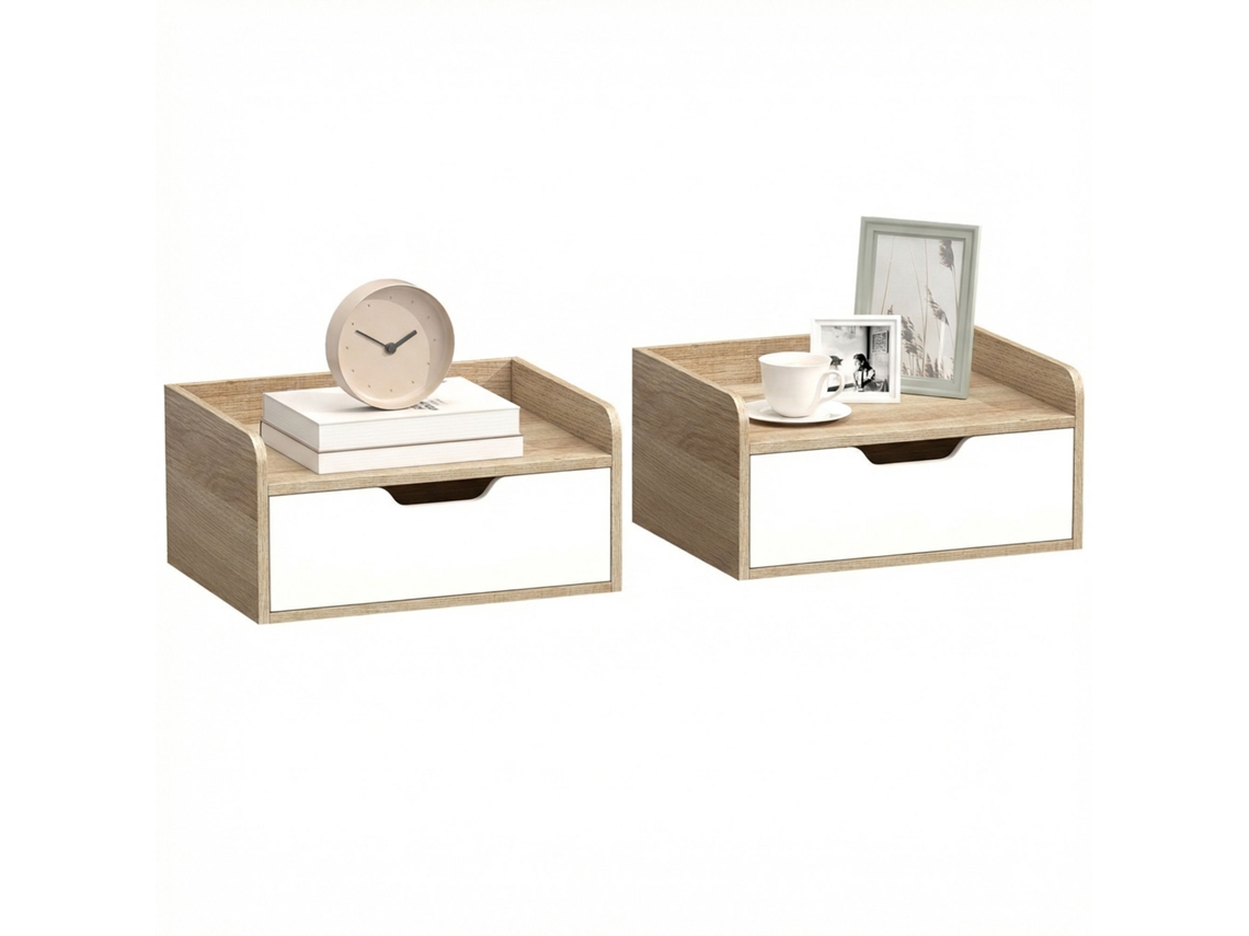 Conjunto 2 Mesas Parede Gaveta Borda Elevada 40x30x19,5 Cm Madeira Natural