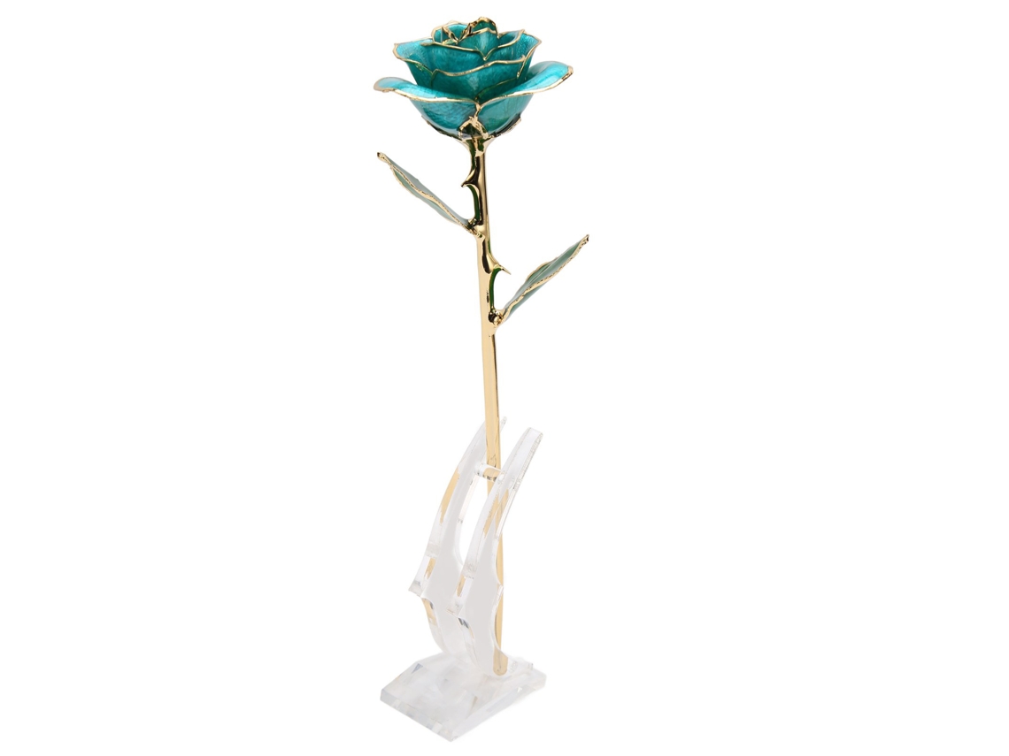 Rosa Artificial de Ouro 24k com Base Sky Blue Presente