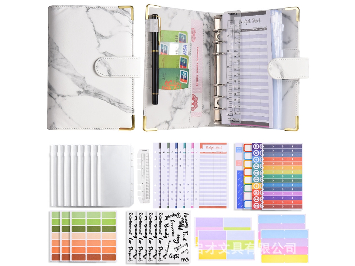 A6 Refillable Marble White Pu Leather Cash Budget Planner Luxury Bundle With 12-budget Cards, 8-zipper Pouches, 2-word