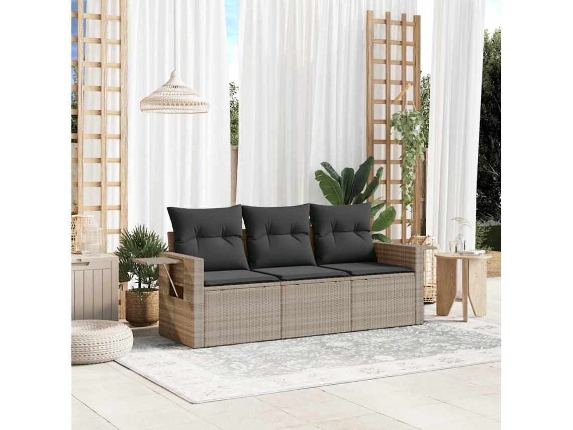 Vidaxl 3 Pcs Conj. Sofás Jardim C/ Almofadões Vime Pe Cinzento-claro