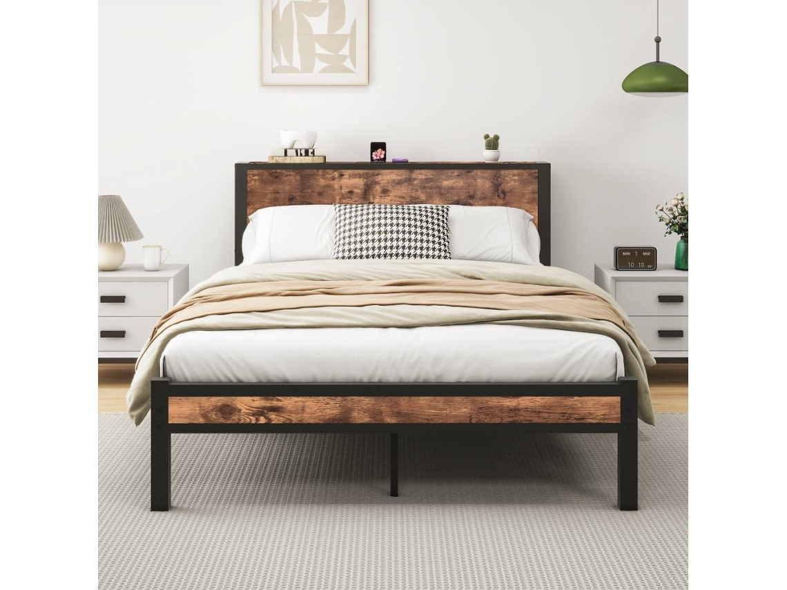 Cama Individual 140x200 Cm - Estrutura Metálica Com Arrumação, Silenciosa - Castanho Vintage