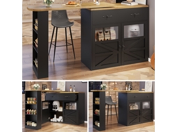 Mesa De Bar Extensível 138-204x39x104 Cm, Giratória 360°, Preta, Com Armário E Prateleiras, Para Cozinha