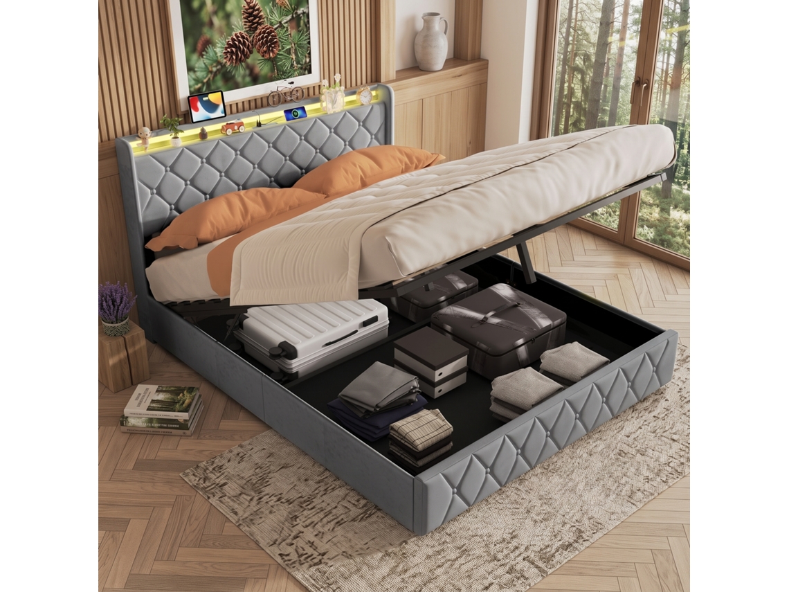 Cama Estofada 160x200 Cm Cama De Casal Com Arrumação Hidráulica Cabeceira Com Led Usb E Design Chesterfield Para Quarto Moderno Cinza