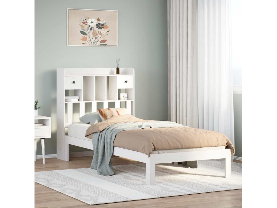 Vidaxl Cama Com Estante Sem Colchão 75x190 Cm Pinho Maciço Branco