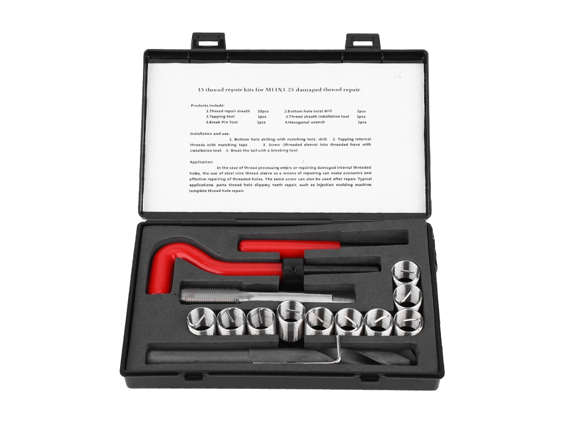 Kit De Reparo De Rosca M14x1.25 Aço Inox Com Broca Torcida Chave E Inserto Rosca Para Carro
