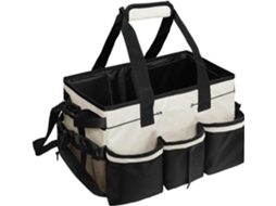 Bolsa organizadora para equipamentos de limpeza com divisórias internas resistentes à água para armazenamento organizado.