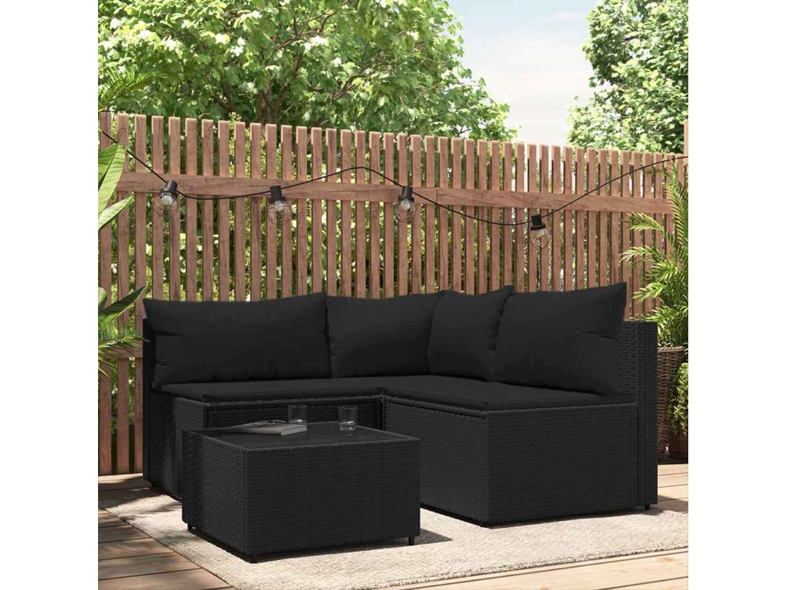 Vidaxl 4 Pcs Conjunto Lounge De Jardim C/ Almofadões Vime Pe Preto