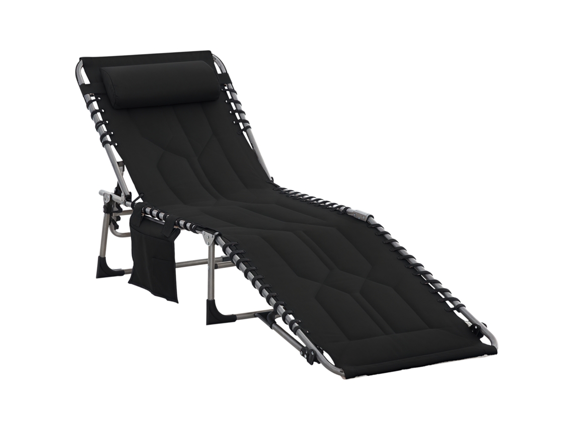Espreguiçadeira dobrável de jardim com almofada para cabeça, bolsa lateral, reclinação ajustável em 5 posições, preta, suporta até 130kg