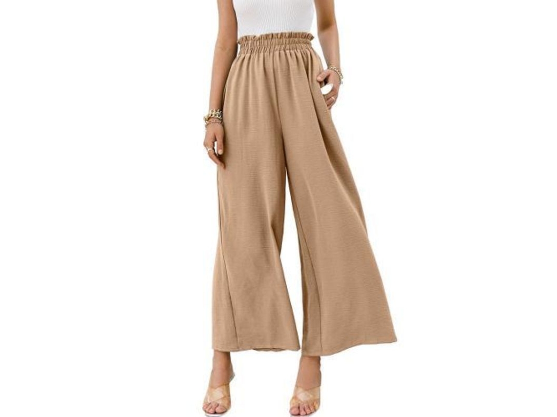 Calça feminina Rebe de cintura alta, estilo boho, pernas largas e modelagem fluida, tamanho P, cor cáqui.