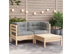 Vidaxl 3 Pcs Conj. Lounge Jardim C/ Almofadões Cinzentos Pinho Maciço