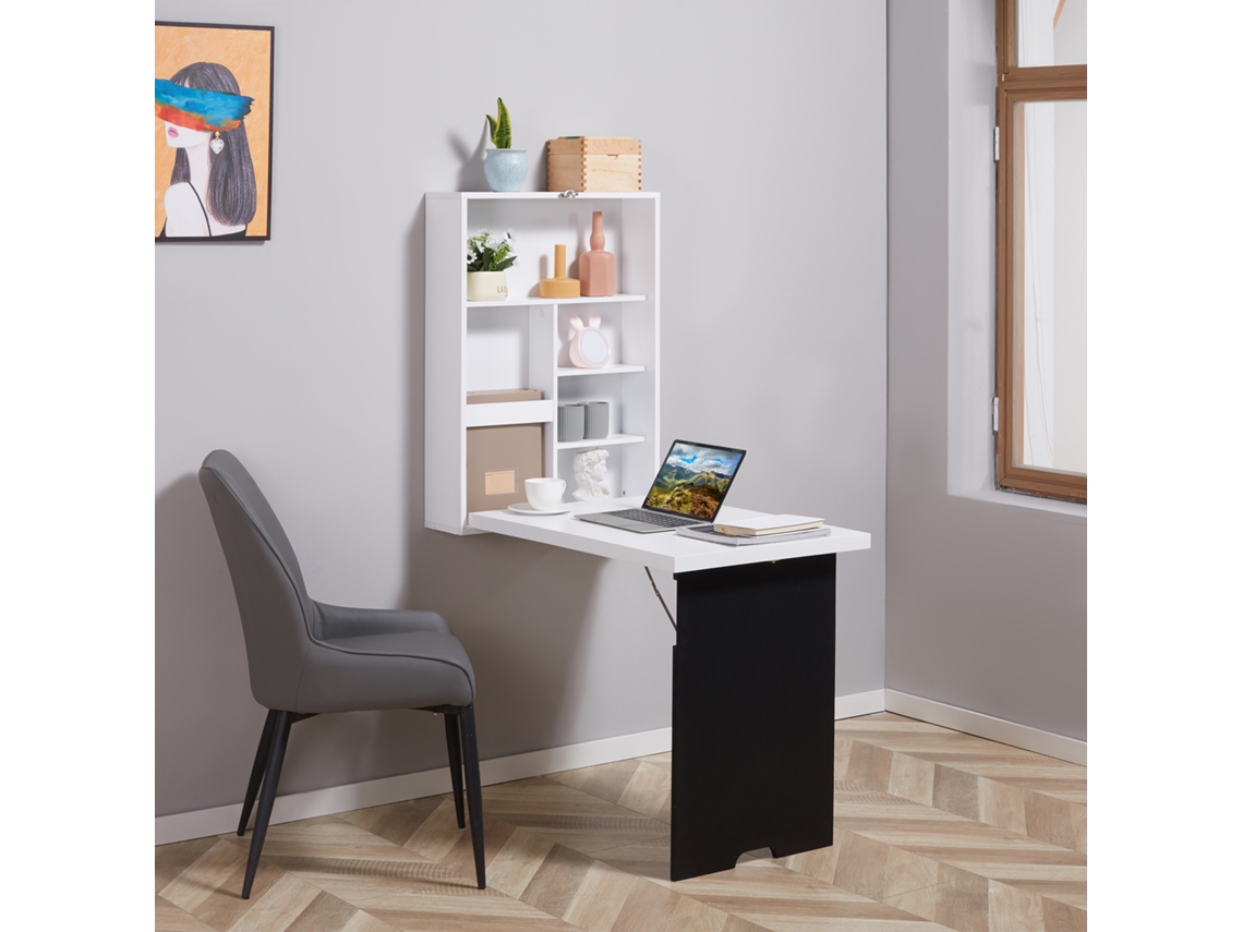 Wall Desk, Folding Table Top, 5 Compartments, 60x94.5x147cm, Black/white
