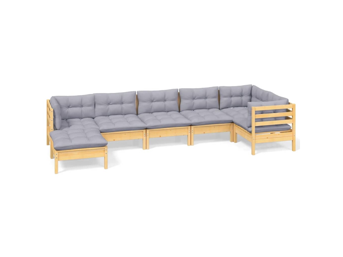 Conjunto de 7 Lounge de Jardim com Almofadões Cinza Pinho Maciço MAISON EXCLUSIVE