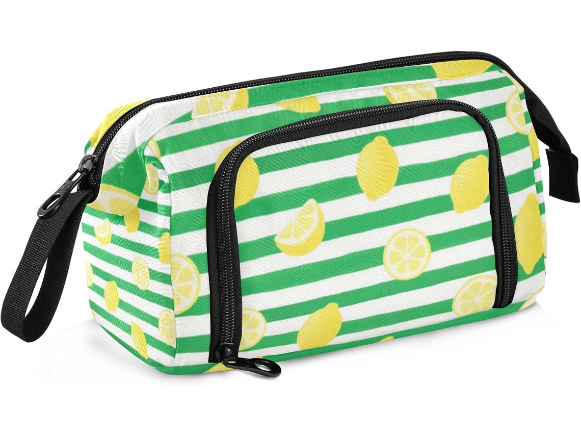 Estojo Grande com Compartimento para Lápis, Modelo Preppy Elementary, Mulheres, Verde e Branco. 24 X 9,5 15 Cm