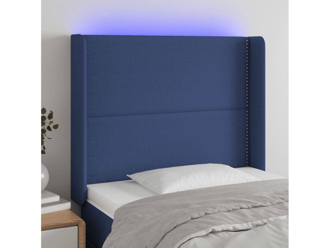 Vidaxl Cabeceira De Cama C/ Luzes Led Tecido 103x16x118/128 Cm Azul