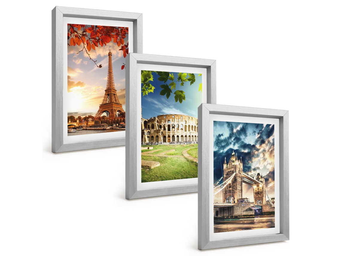 Um Conjunto De Imagens Decorativas Em Uma Molduramonumentos Europeus Moldura Prateada Pinturas De Quarto Espelharte (3 Peças 20x30 Cm)