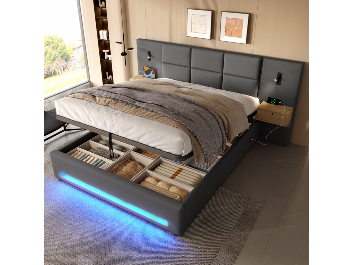 Cama Casal 180x200cm Europeia com Veludo, Gavetas, Led, Usb c, Hidráulica, 200kg GE