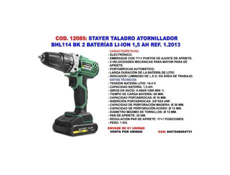 Stayer taladro atornillad bhl114 bpk 2 bat li-ion 1.5 ah 1.2011