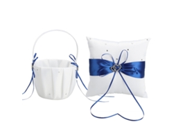Conjunto de Casamento em Seda Branca com Cesto de Flores e Almofada com Corações e Ródio LAXISCREED