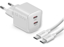 Kit SBS Carregador e Cabo Usb-C Trançado (2 Usb-C - 60W - Branco)