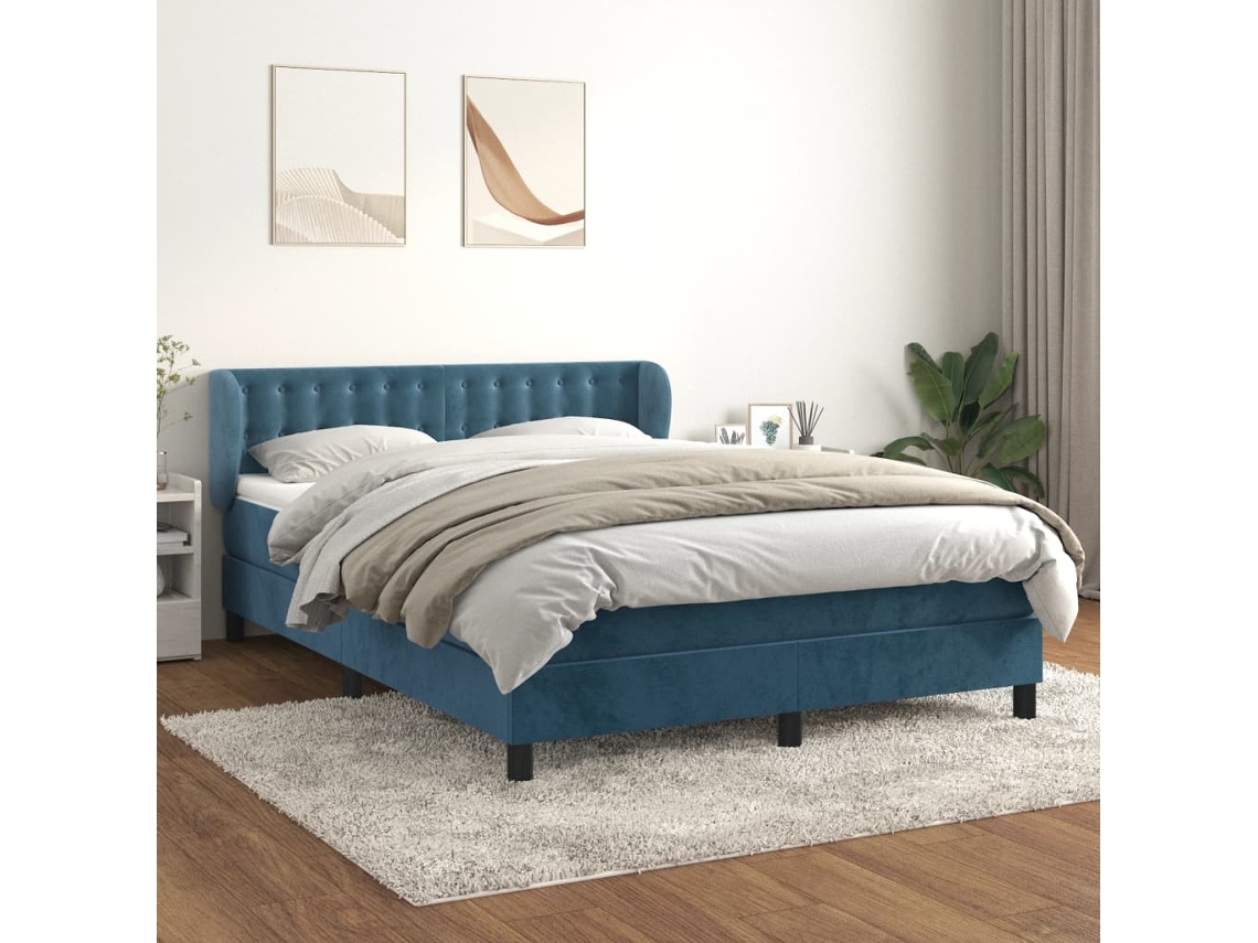 Cama Com Molas/colchão 140x190 Cm Veludo Azul-escuro