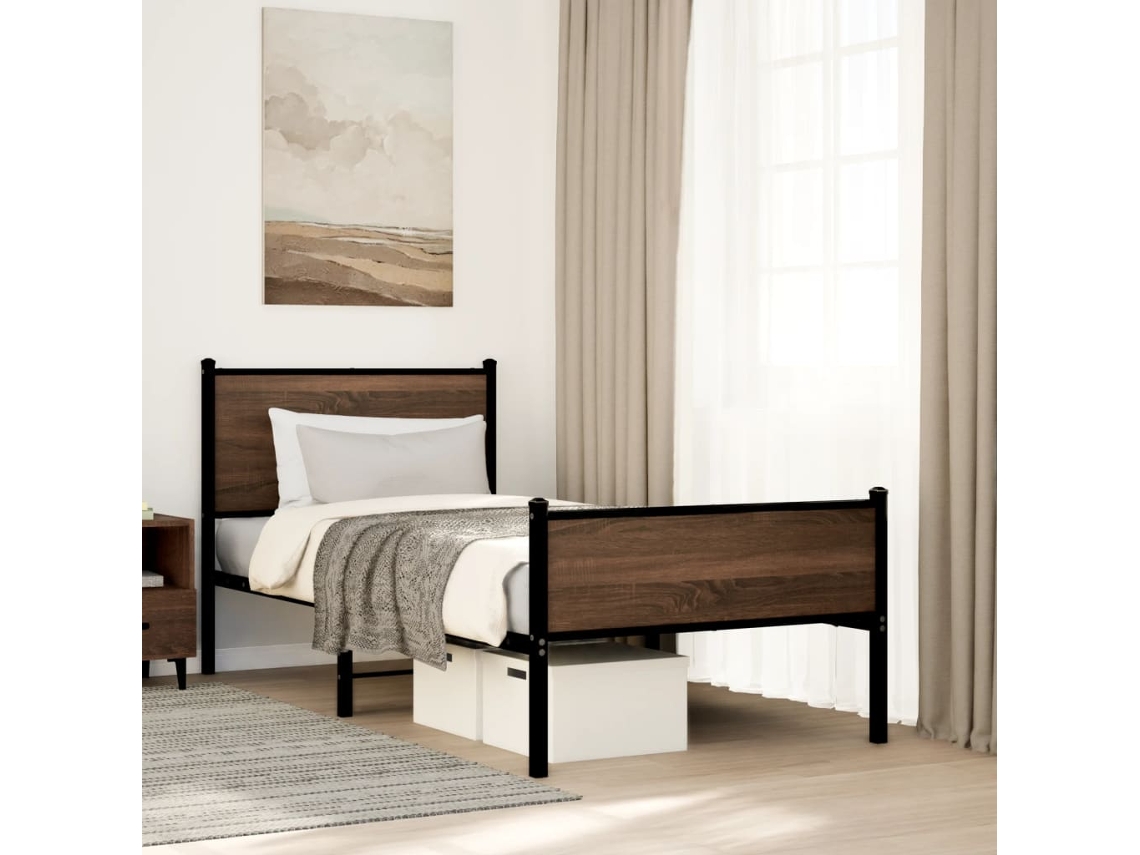 Vidaxl Estrutura De Cama Sem Colchão 75x190 Cm Metal Carvalho Castanho
