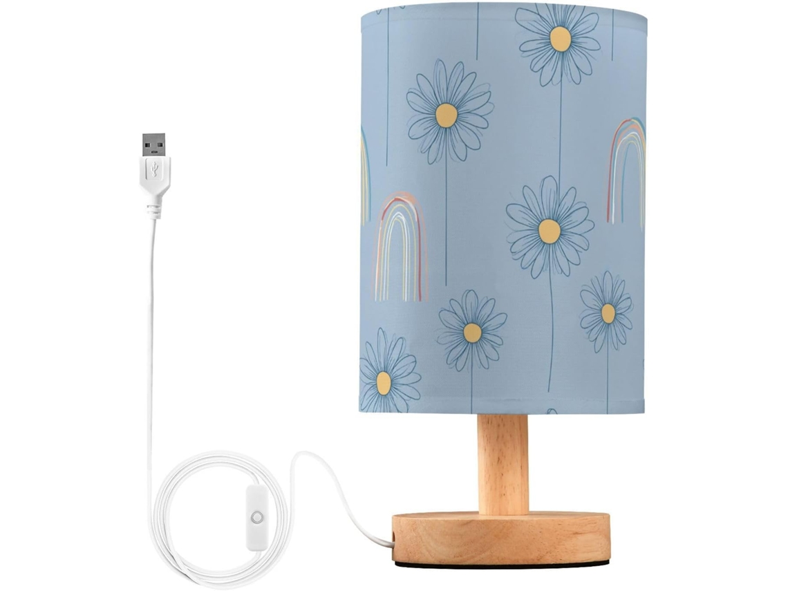 Abajur elétrico pequeno para quarto infantil com design de girassol, arco-íris e azul pastel.