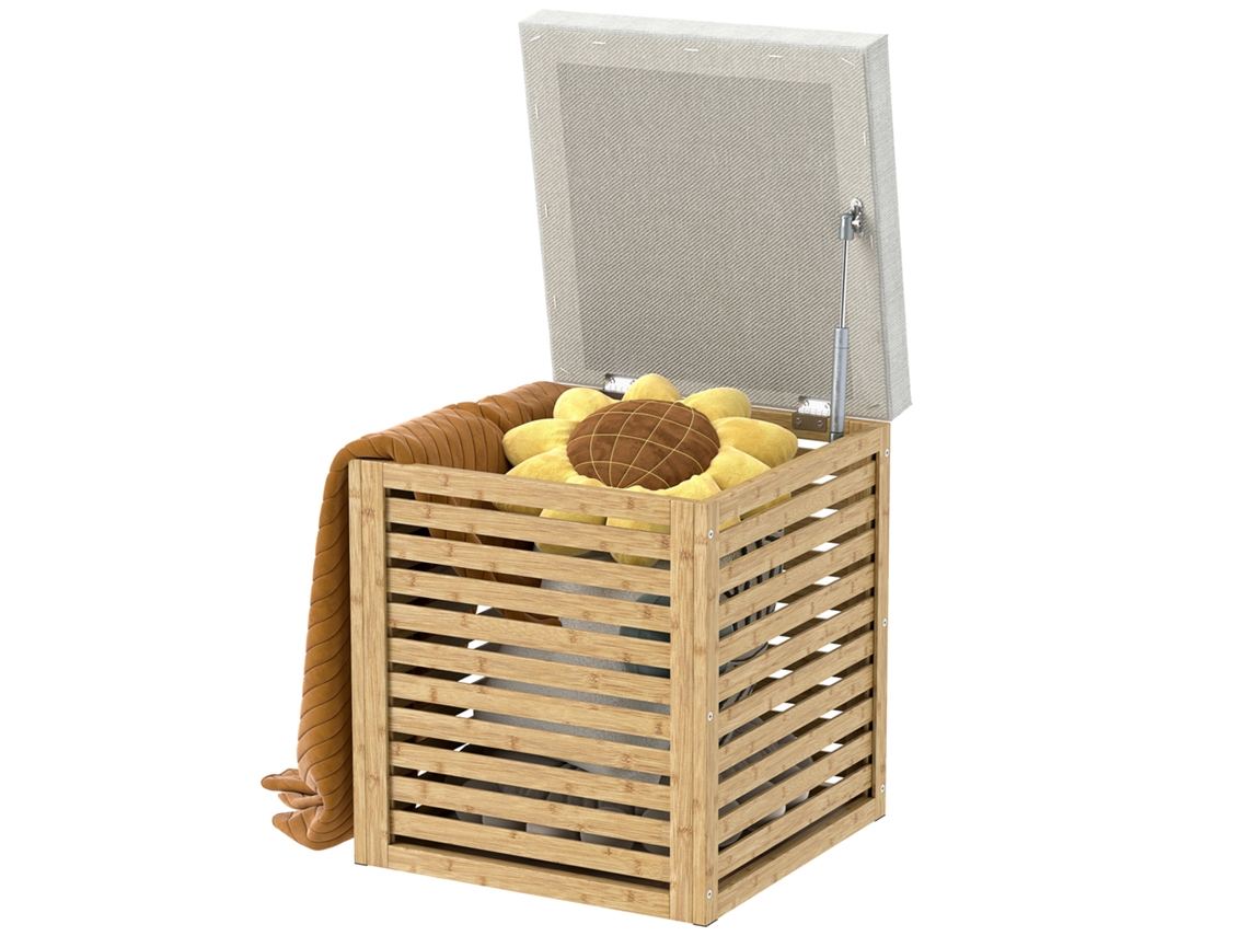 Banco Com Armazenamento 57,7l Com Arrumação Estofado Em Linho Sintético Com Estrutura Em Bambu 40x40x47 Cm Cinza E Madeira