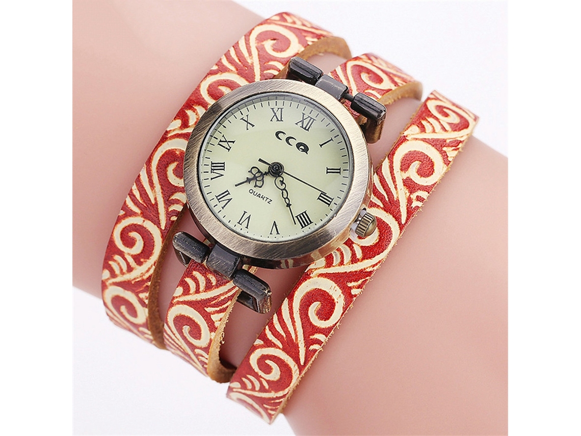 Relógio de Pulso Feminino Ccq com Pulseira Multicamadas Escala Numérica Romana Quartzo Vermelho