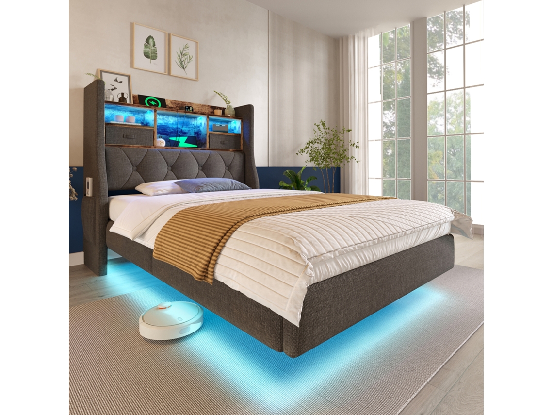 Cama Suspensa 90x200cm Com Led, Usb, Type-c, Estante Cinza Sem Colchão