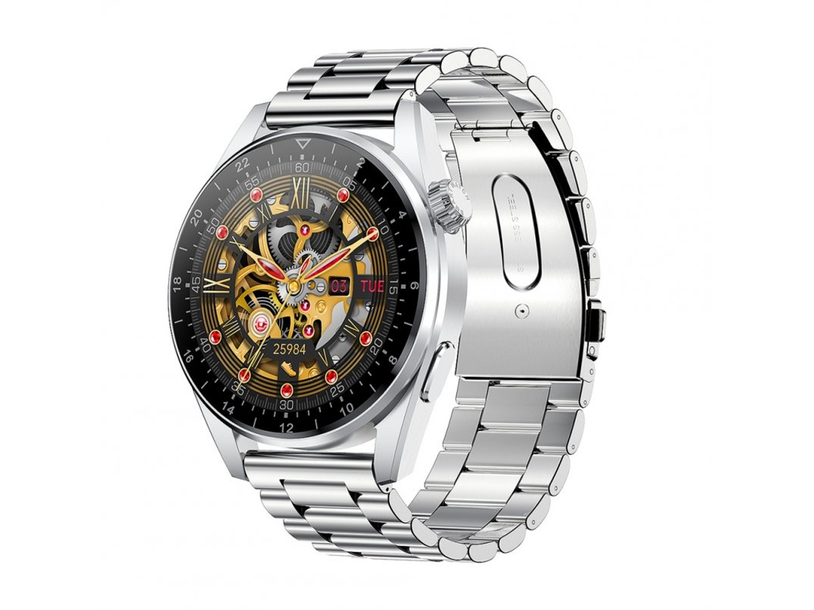 Smartwatch Hk3 Pro com Bluetooth Chamada Música Monitor Cinto de Aço Prateado