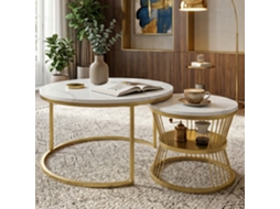 Conjunto de 2 Mesas de Centro LAZYSPACE - 70x45,5 Cm e 45x40 Cm - Design em Ninho com Tampo Efeito Mármore - Estrutura Metálica Dourada Luxuosa