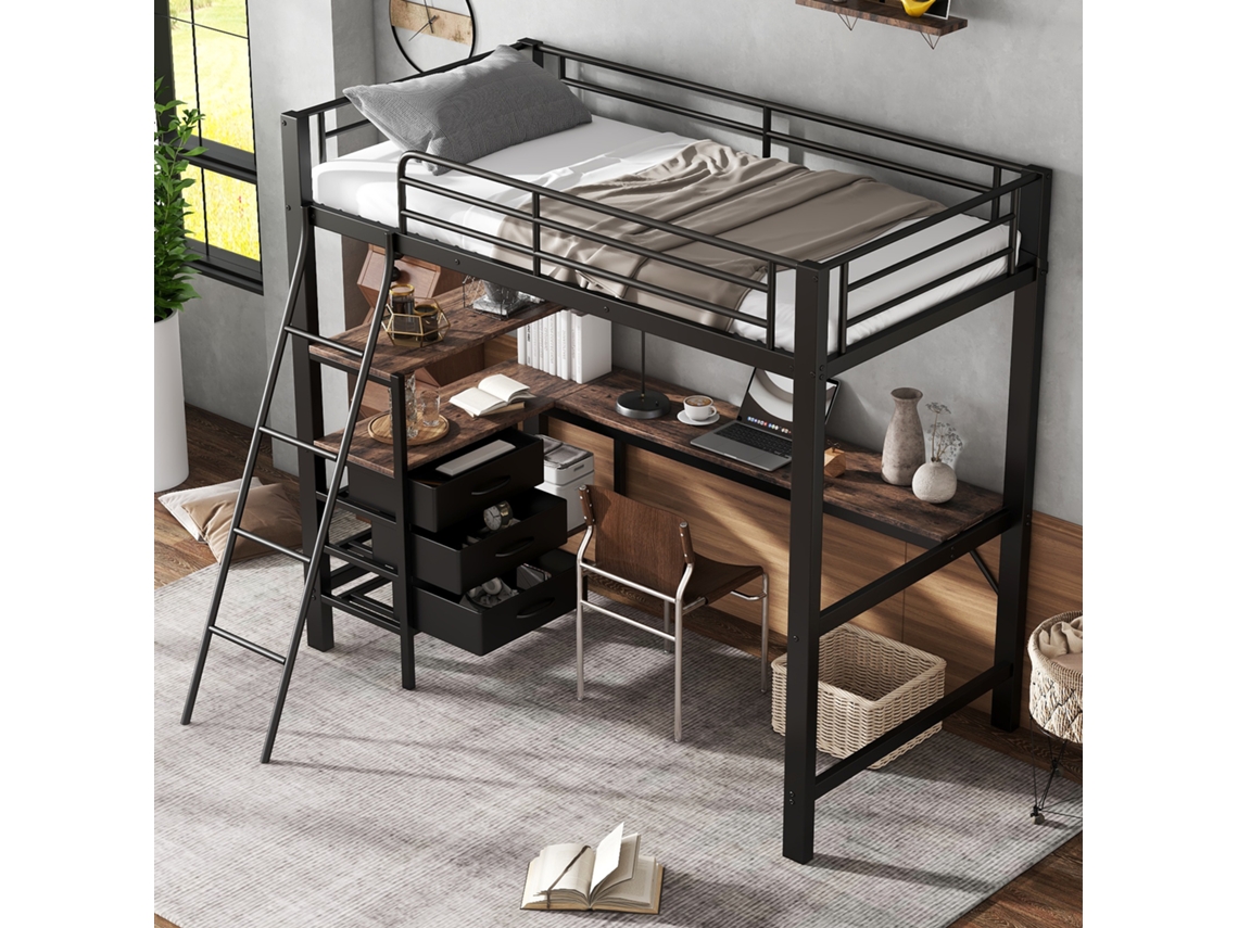 Beliche 90x200 com Escrivaninha, 2m, 3 Gavetas, Escada, 4 Degraus e Metal Madeira S/MARCA