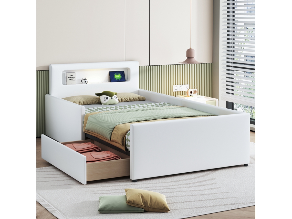 Cama Infantil 90x200 Branca Com Luz Noturna Usb E Prateleiras