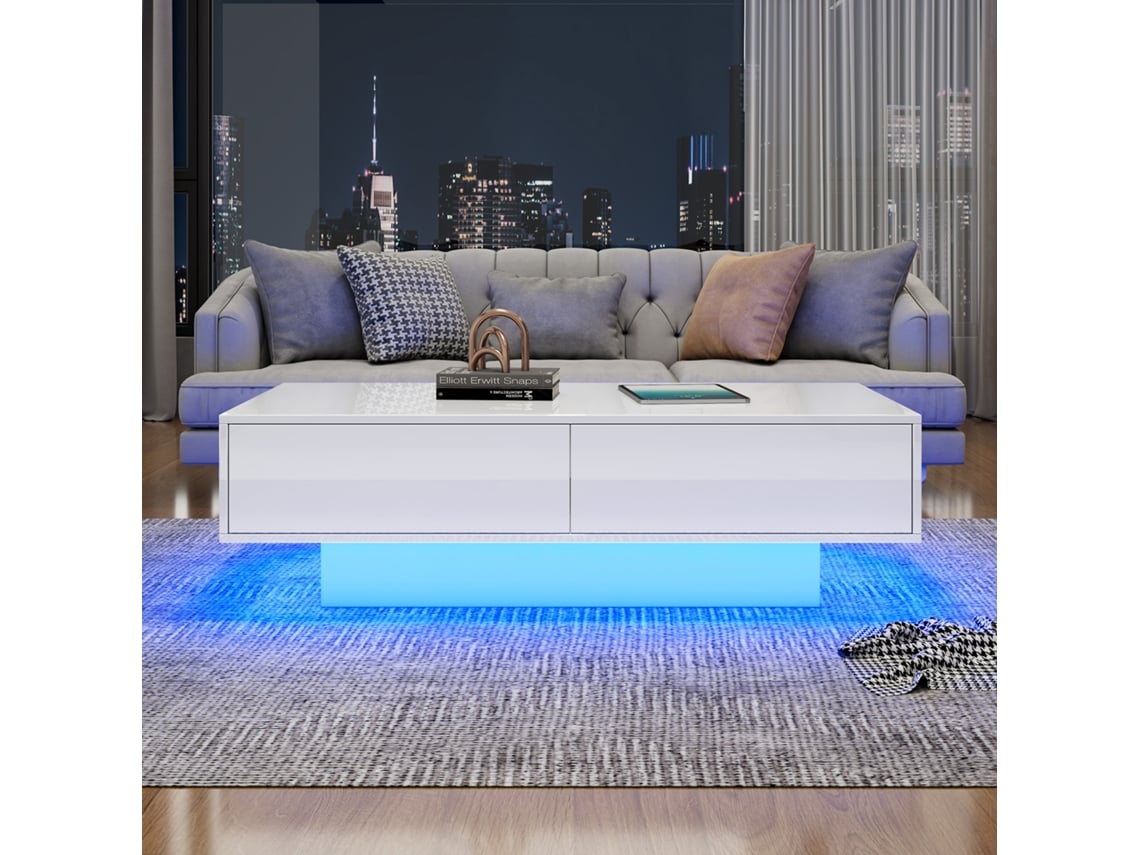 Mesa De Centro Moderna Com Led 2 Gavetas Branco Mobrio