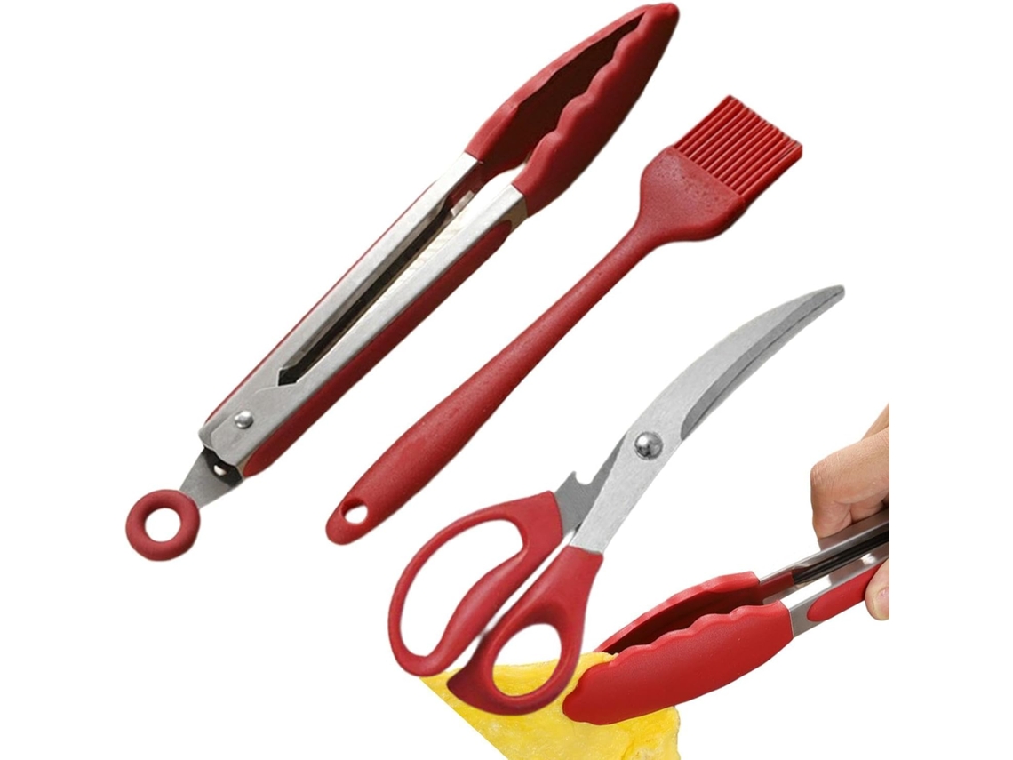 Pinça Para Grelhar Resistente, Conjunto De Pinça Para Carne Com Tesoura E Pincel Óleo