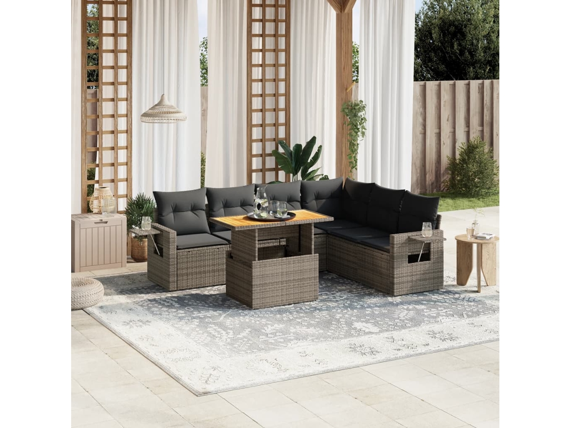 Vidaxl 7 Pcs Conjunto Sofás P/ Jardim C/ Almofadões Vime Pe Cinzento