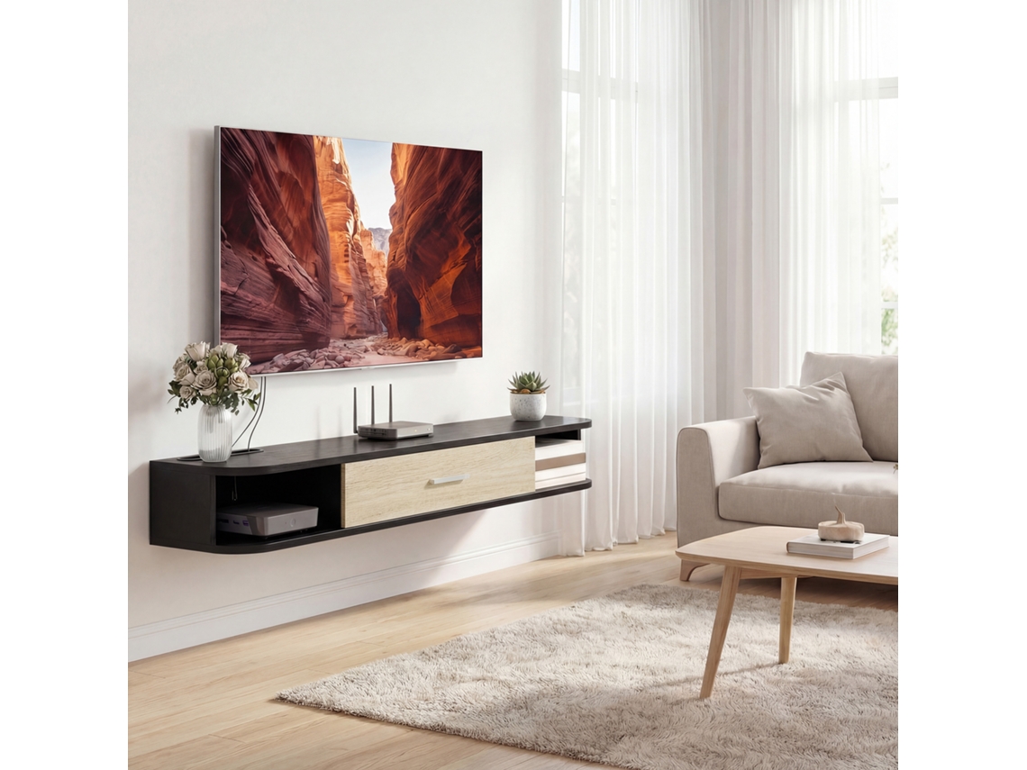 Meuble Tv Suspendido 120 Cm, Móvel De Televisão Até 50 Polegadas, Porta Rebatível, 2 Prateleiras Abertas E Passa-cabos, Preto