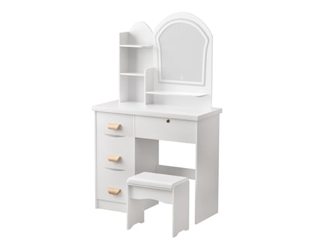 Toucador Maquilhagem Flasidu Branco De Madeira (80x40x135 Cm), 4 Gavetas, Montagem Fácil, Espelho Com Luz Led, Estilo Simples E Moderno