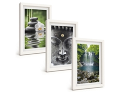 Pinturas Murais Modernas Harmonia, Pedras, Água, Buda Moldura Branca Fotos Para O Escritório Espelharte (3 Peças 20x30 Cm)