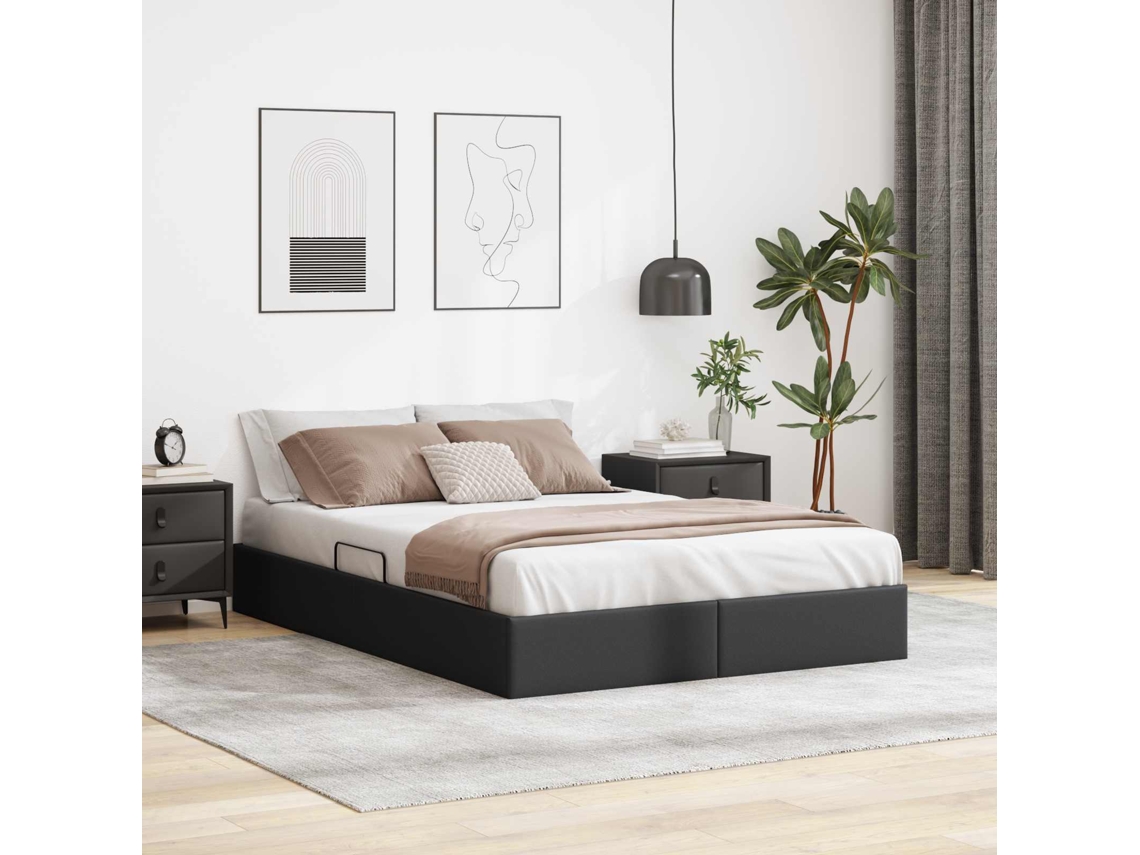 Vidaxl Estrutura De Cama Ottoman Preto 140 X 190 Cm Couro Sintético