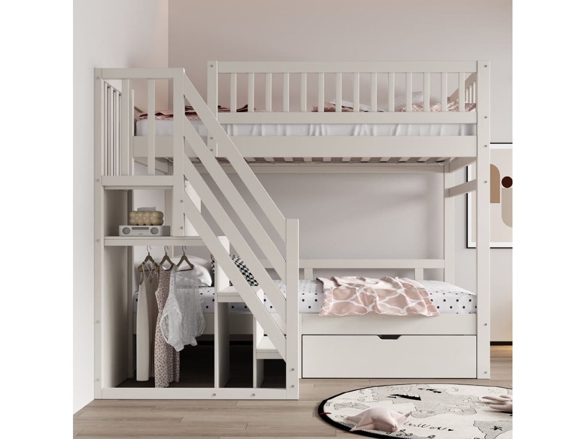 Cama Beliche 90*200 Cm - Barreira Segurança Alta, Estrado, Escada Segurança Arrumação, Gavetas Arrumação - Branco